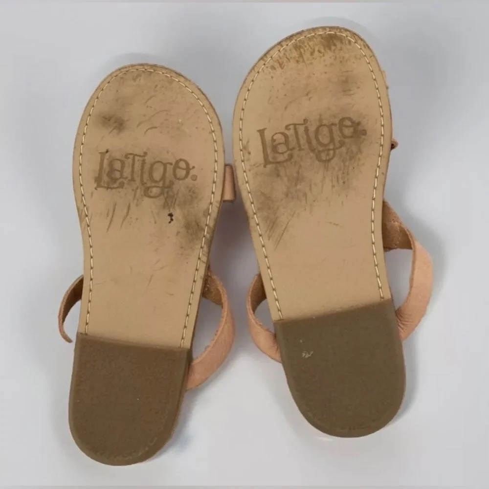 Latigo Embroidered Beige Leather Women’s Toe Loop Flat Sandals Thong Size 7.5 - Picture 6 of 7